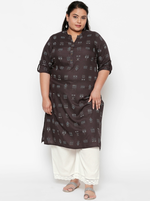 

RANGMANCH PLUS by Pantaloons Women Charcoal Grey & White Printed A-Line Kurta