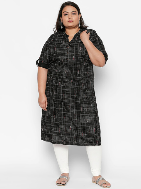 

RANGMANCH PLUS by Pantaloons Women Black Checked Straight Kurta