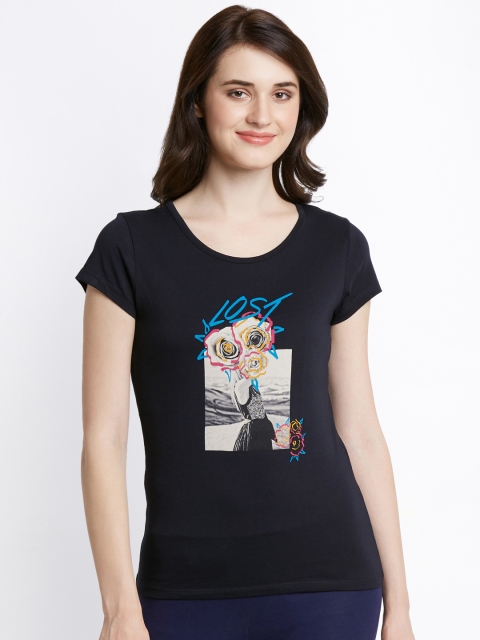 

Honey by Pantaloons Women Black Printed Round Neck Pure Cotton T-shirt