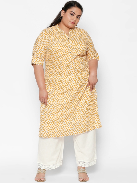 

RANGMANCH PLUS by Pantaloons Women Yellow & White Printed Straight Kurta