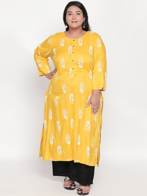 

RANGMANCH PLUS by Pantaloons Women Yellow & White Printed Straight Kurta