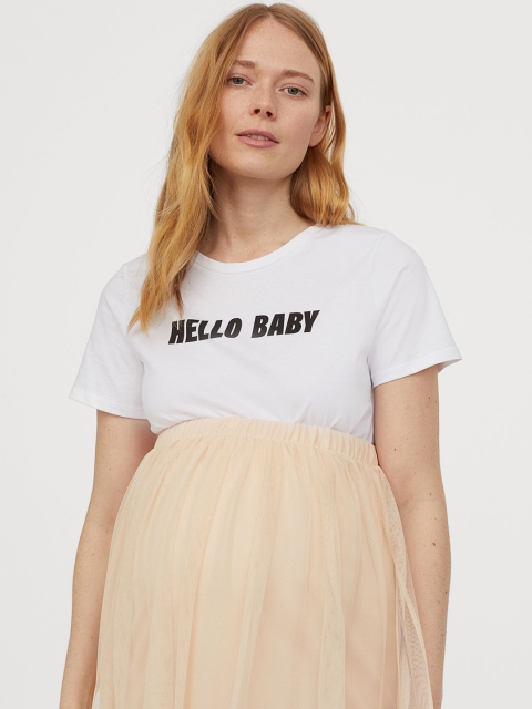 

H&M MAMA Women White Printed Round Neck Cotton T-shirt