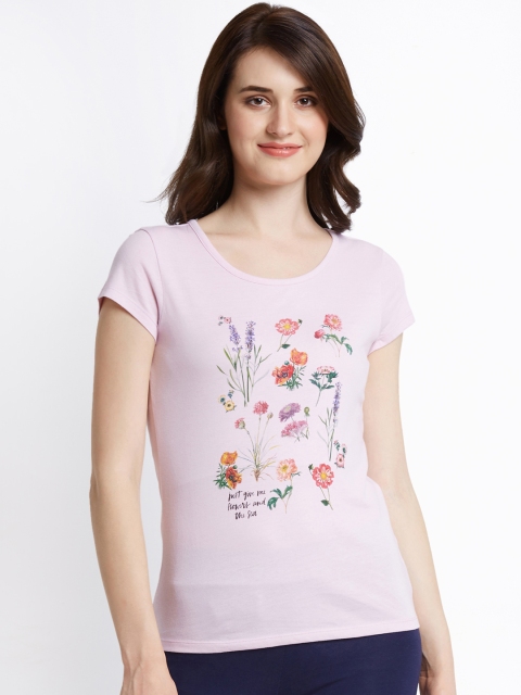 

Honey by Pantaloons Women Baby Pink Printed Round Neck Pure Cotton T-shirt