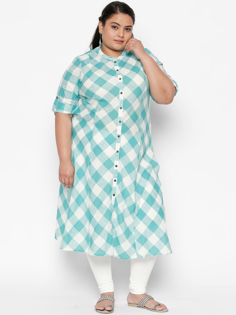 

RANGMANCH PLUS by Pantaloons Women Sea Green & White Checked A-Line Kurta