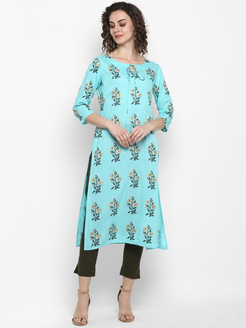 Janasya Women Turquoise Blue & Gold-Toned Floral Printed Straight Kurta