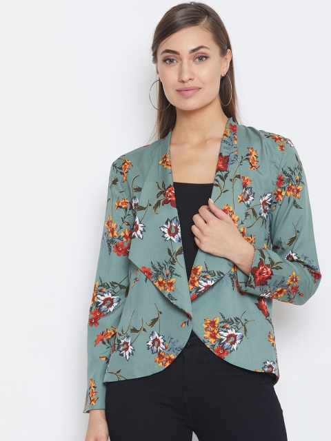

PURYS Women Green & Yellow Printed Open Front Shrug