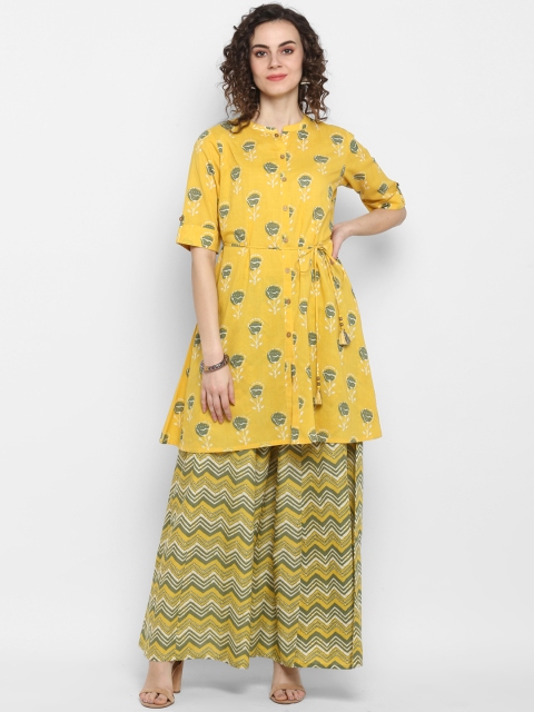 

Janasya Women Yellow & Green Printed Kurti with Palazzos