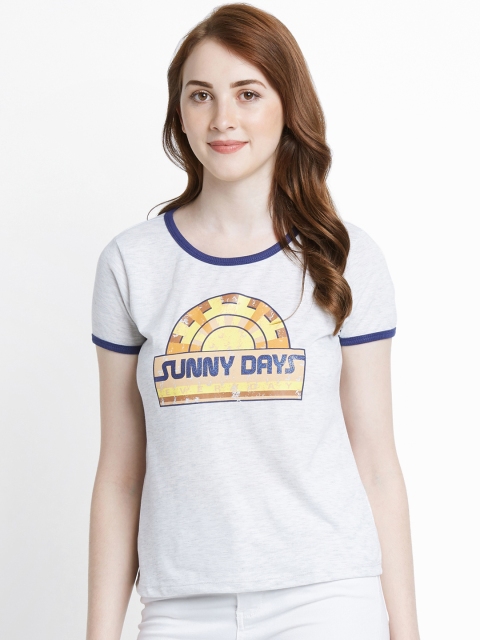 

Honey by Pantaloons Women Grey Printed Round Neck Pure Cotton T-shirt