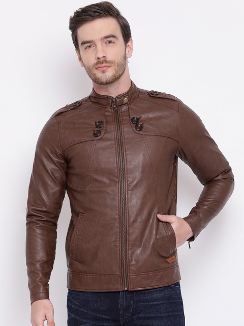 

HARSAM Men Coffee Brown Solid Shoulder Tabs Leather Jacket