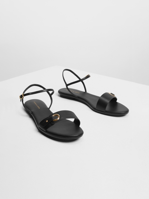 

CHARLES & KEITH Women Black Solid PU Open Toe Flats