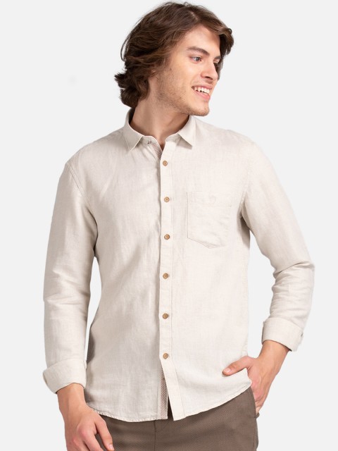 

True Blue Men Beige Slim Fit Solid Linen Blend Casual Shirt