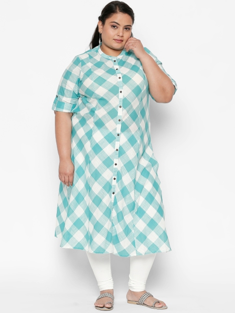 

RANGMANCH PLUS by Pantaloons Women Turquoise Blue & White Checked A-Line Kurta