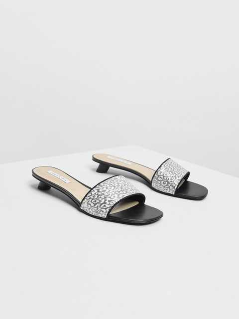 

CHARLES & KEITH Women Grey & White Printed Heeled Mules