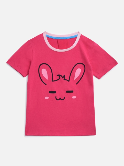 

KIDSCRAFT Girls Pink Cartoon Printed Round Neck Cotton T-shirt