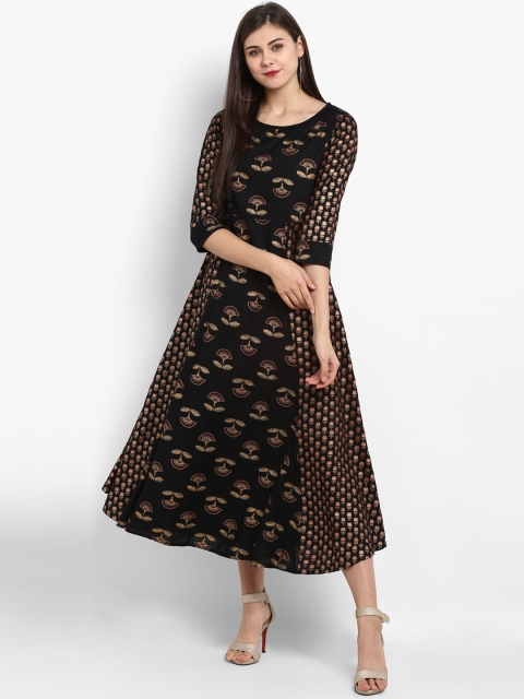 

Fashion String Women Black & Gold-Toned Printed A-Line Dress