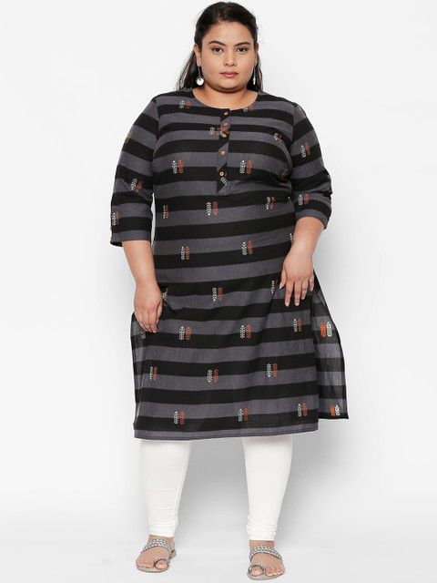 

RANGMANCH PLUS by Pantaloons Women Grey & Black Striped Straight Kurta