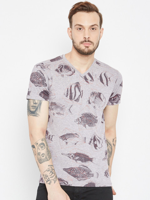 

PUNK Men Grey Melange Printed V-Neck T-shirt