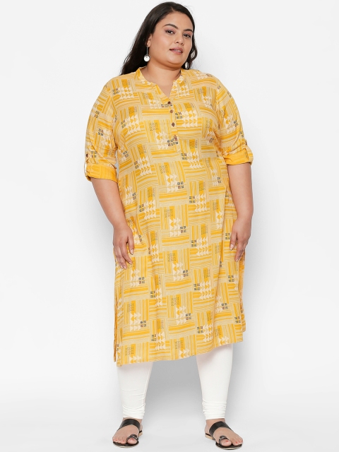 

RANGMANCH PLUS by Pantaloons Women Yellow & White Printed Straight Kurta