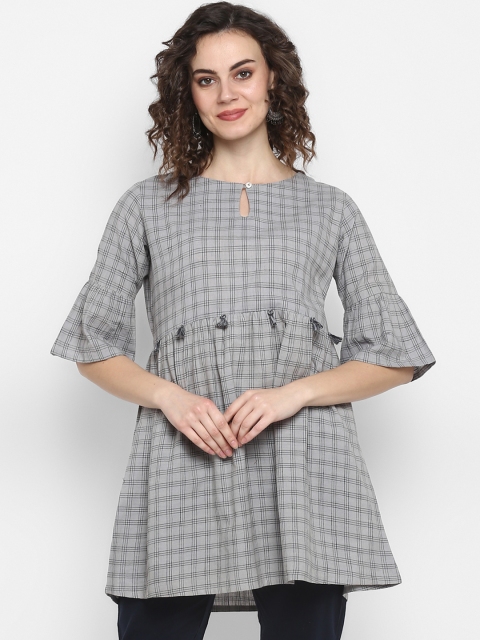 

Janasya Women Grey & Black Checked Gathered A-Line Pure Cotton Top