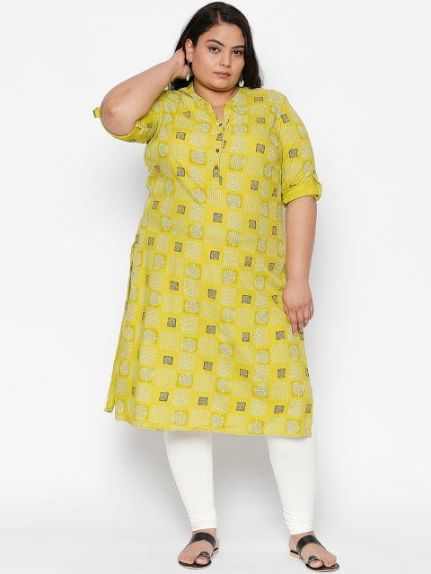 

RANGMANCH PLUS by Pantaloons Women Lime Green Printed Straight Kurta