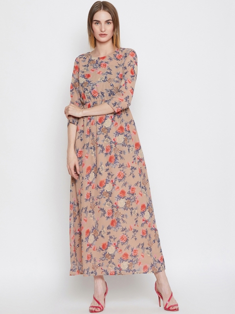 

PURYS Women Beige & Pink Floral Printed Maxi Dress