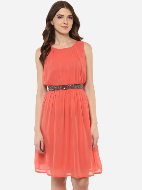 

Porsorte Women Orange Solid Hand Worked A-Line Dress, Coral