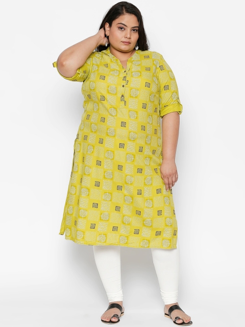 

RANGMANCH PLUS by Pantaloons Women Lime Green Printed Straight Kurta