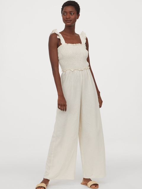 

H&M Women Off-White Solid Smocked Jumpsuit with Ruffles Detail
