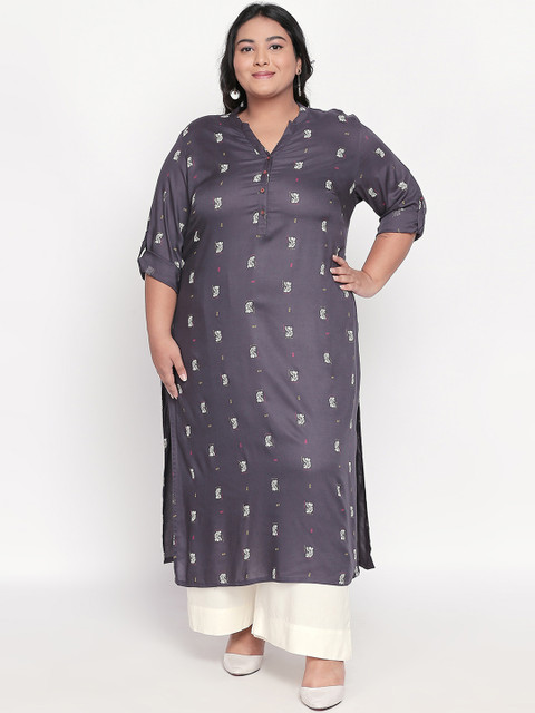 

RANGMANCH PLUS by Pantaloons Women Grey & Off-White Printed Straight Kurta
