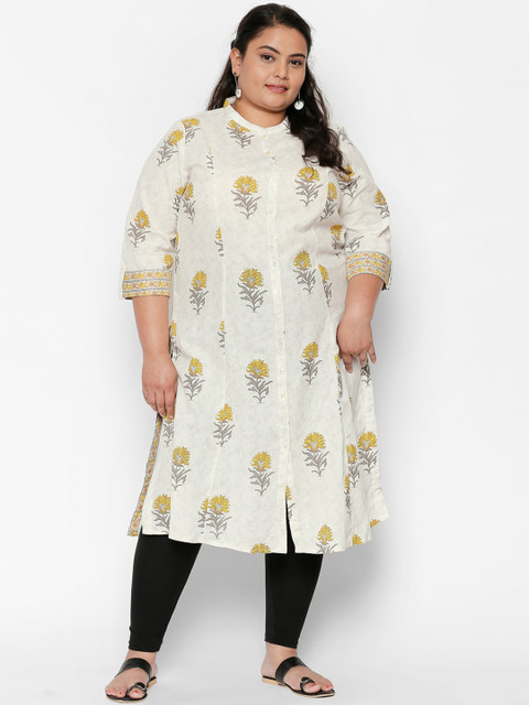 

RANGMANCH PLUS by Pantaloons Women Yellow & White Floral Printed A-Line Kurta