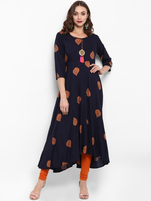 

Fashion String Women Navy Blue & Orange Printed A-Line Kurta