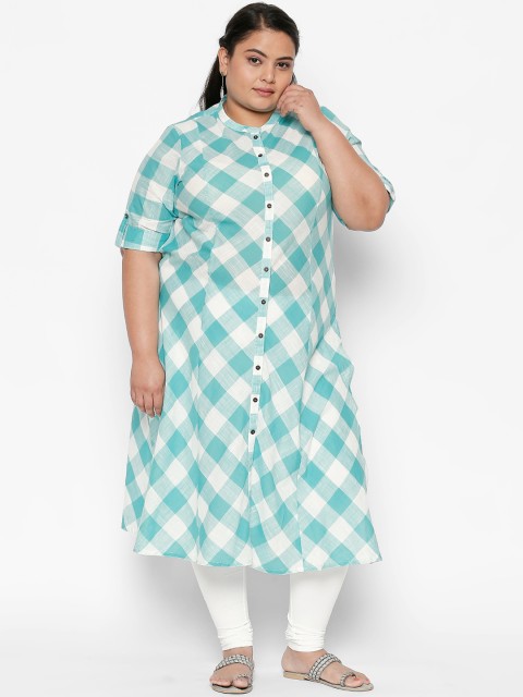 

RANGMANCH PLUS by Pantaloons Women Sea Green & White Checked A-Line Kurta