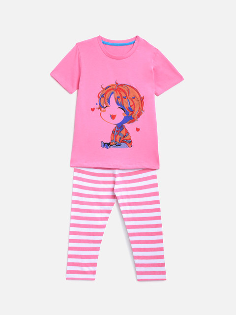 

KIDSCRAFT Girls Pink & White Printed T-shirt with Leggings