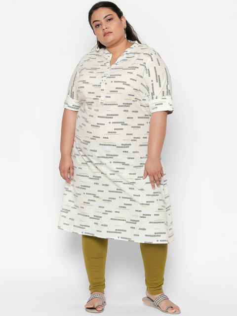 

RANGMANCH PLUS by Pantaloons Women Off-White & Grey Printed A-Line Kurta