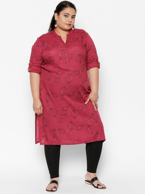 

RANGMANCH PLUS by Pantaloons Women Magenta Pink & Black Printed Straight Kurta