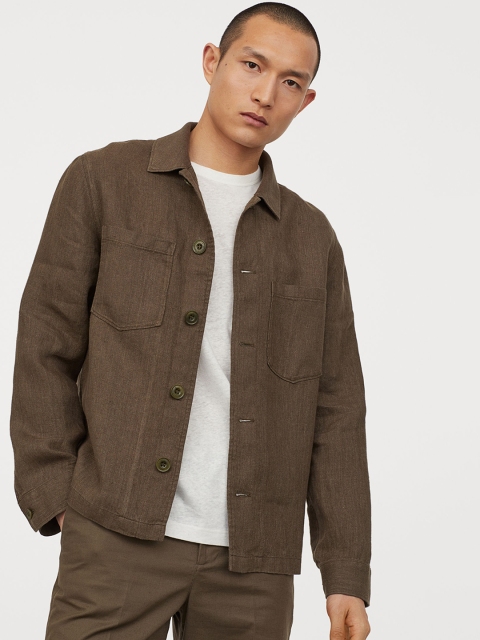 

H&M Men Olive Brown Solid Linen Shacket