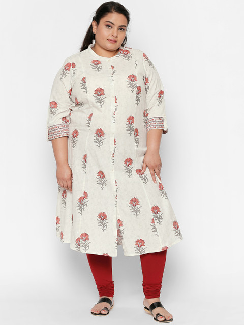 

RANGMANCH PLUS by Pantaloons Women Off-White & Pink Printed A-Line Kurta