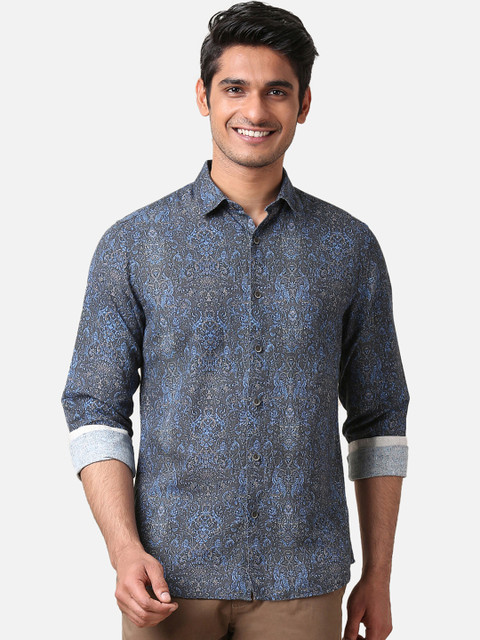 

True Blue Men Grey & Blue Slim Fit Printed Casual Shirt