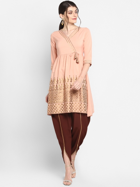 

Janasya Women Peach-Coloured & Gold-Coloured Printed Kurti with Brown Dhoti Pants