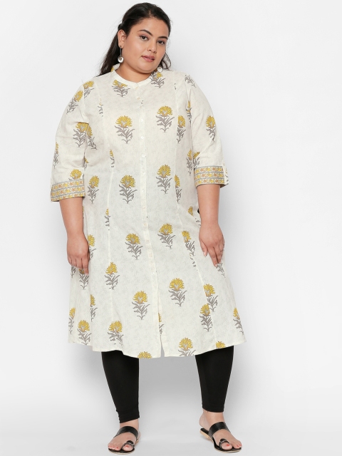 

RANGMANCH PLUS by Pantaloons Women Yellow & White Printed A-Line Kurta