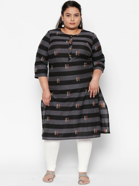 

RANGMANCH PLUS by Pantaloons Women Charcoal Grey Striped Straight Kurta