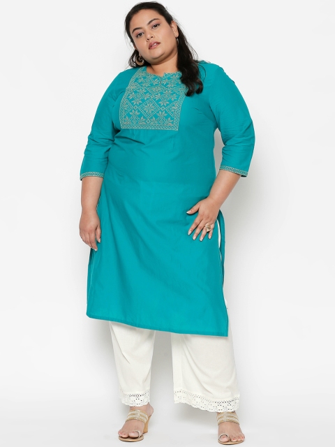 

RANGMANCH PLUS by Pantaloons Women Teal Blue Embroidered Straight Kurta
