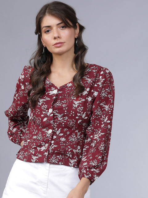 

Tokyo Talkies Women Burgundy Printed Crop Top