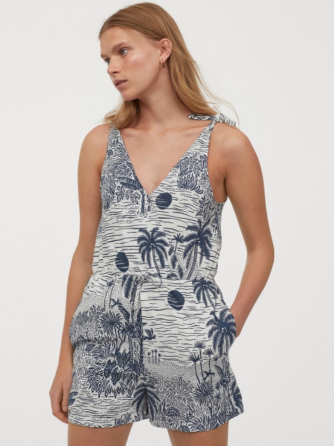 H&M Women Off-White & Blue Linen-Blend Playsuit