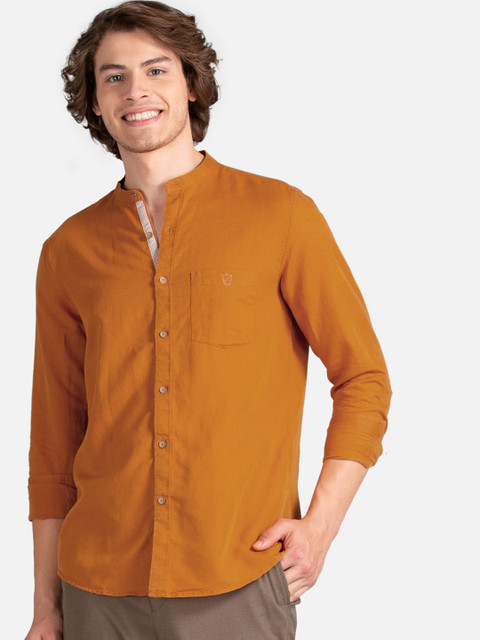 

True Blue Men Orange Slim Fit Solid Cotton Linen Casual Shirt