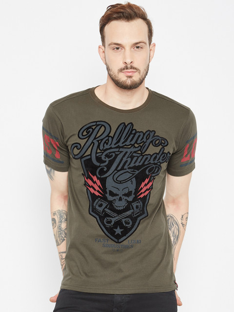 

PUNK Men Olive Green Rolling Thunder Printed Round Neck T-shirt