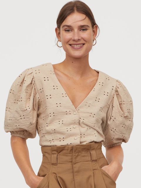 

H&M Women Beige Puff-Sleeved V-Neck Top
