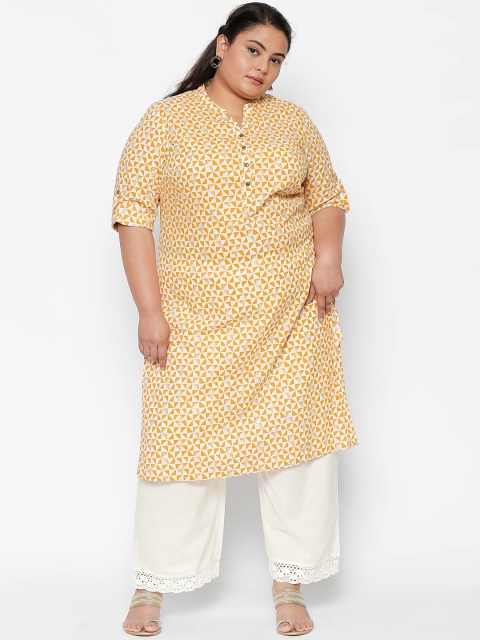 

RANGMANCH PLUS by Pantaloons Women Yellow & White Printed Straight Kurta