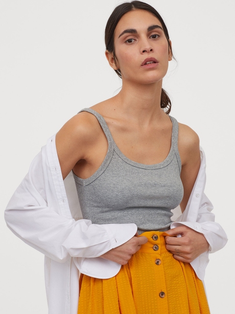 

H&M Women Grey Ribbed Jersey Strappy Top