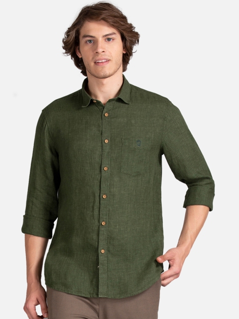 

True Blue Men Olive Green Slim Fit Solid Linen Casual Shirt